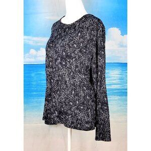 HANG TEN Woman's BLACK FLORAL Top Long Sleeve Side ZIP Pocket shirt size Lg